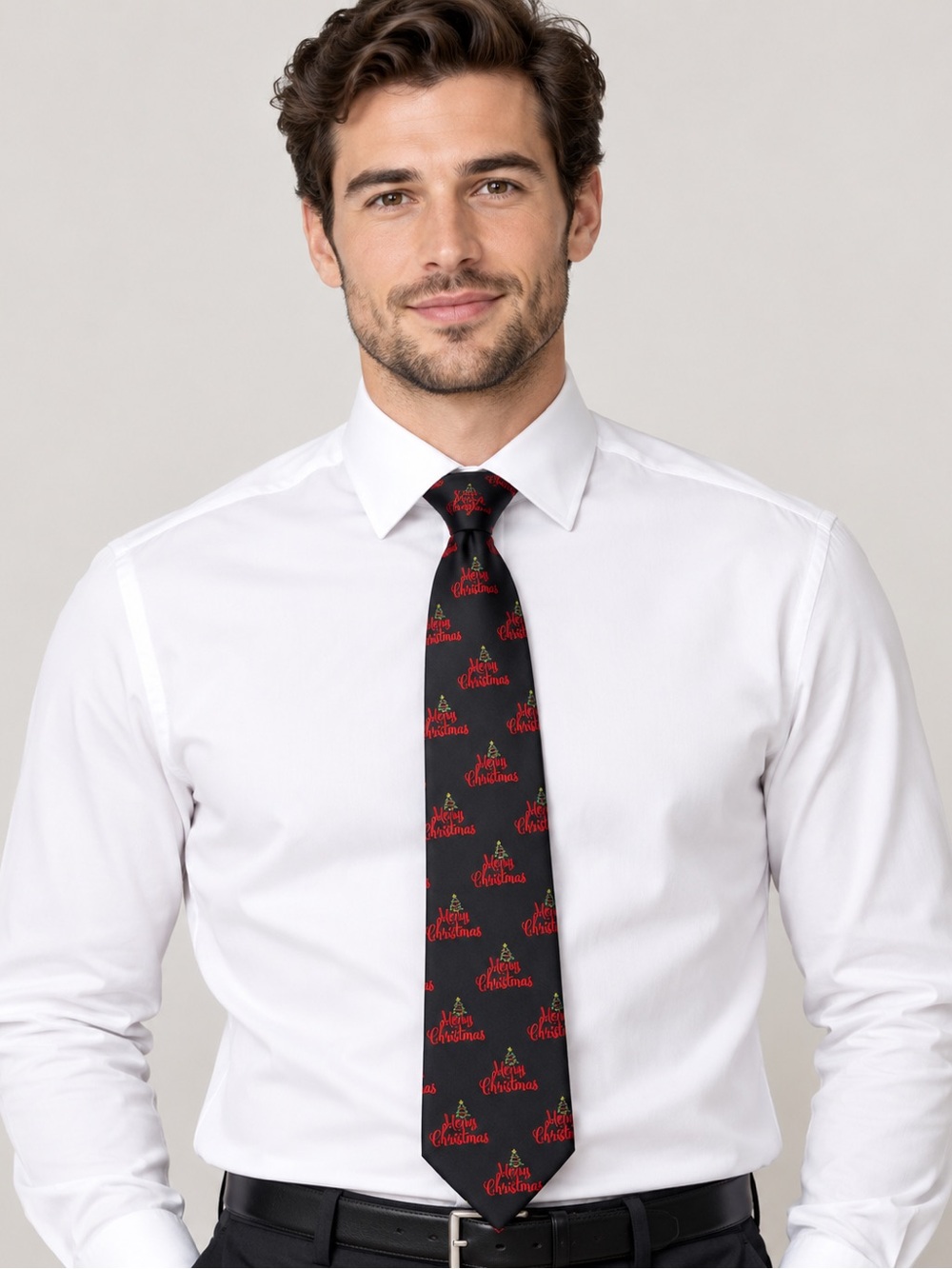 Men's White Dress Shirt with Black and Red Patterned Tie